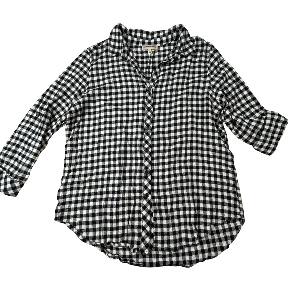 Hester & Orchard Black White Gingham Button Down Shirt Large Roll Tab Sleeve